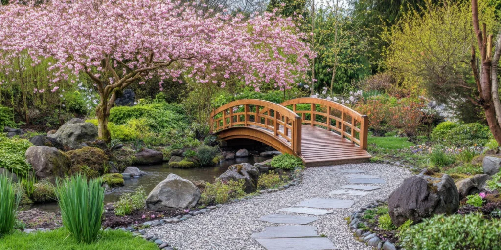 Kertépítés Budapesten – japánkert stílusú kerti tó híddal.