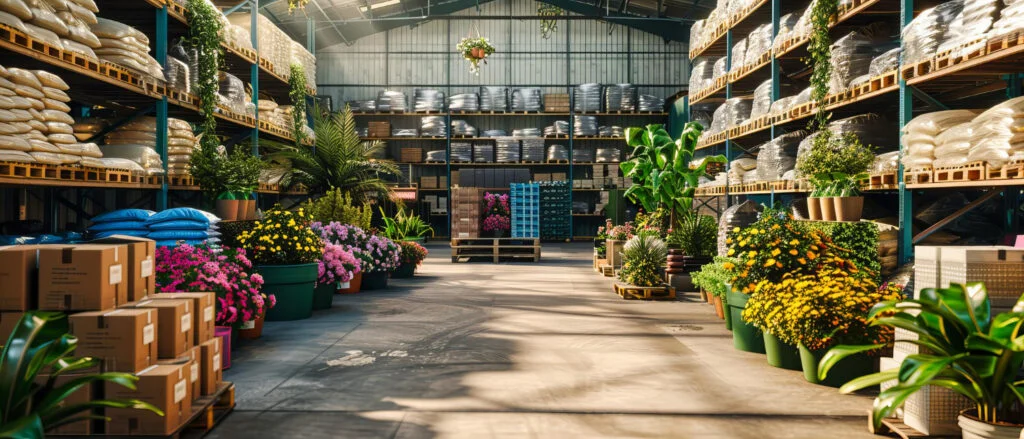 Kertépítéshez szükséges növények és anyagok raktárban Budapesten